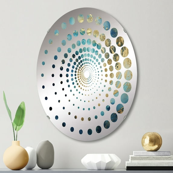 Designart "Surging in Golden Sapphire IV" Abstract Spirals Spiral Dot Round Wall Mirror - Abstract Oval Printed Decorative Mirror - Multiple Color Options