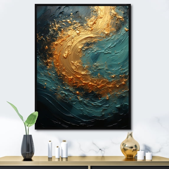 Designart "Surging In Golden Emerald II" Abstract Spirals Floater Framed Wall Art Living Room