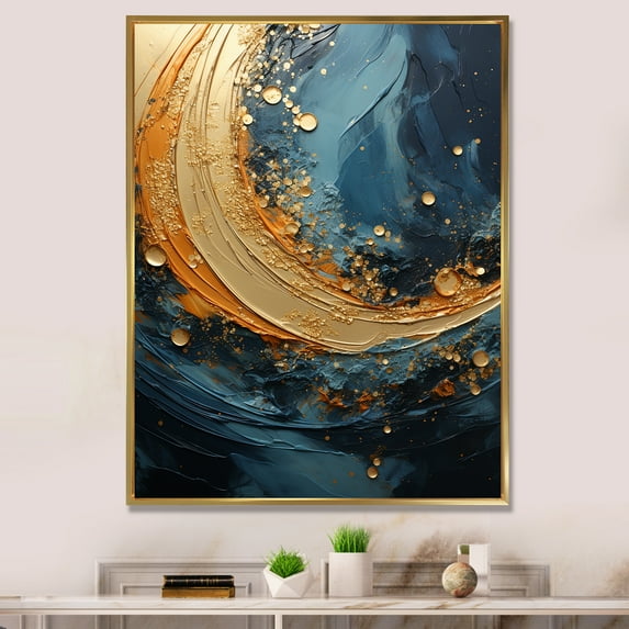 Designart "Surging In Golden Sapphire" Abstract Spirals Floater Framed Canvas Prints