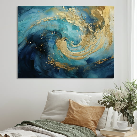 Designart "Surging In Golden Sapphire IV" Abstract Spirals Wall Art Living Room
