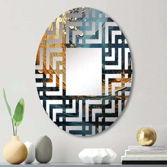 Designart "Surging in Golden Sapphire" Abstract Spirals Maze Round Wall Mirror - Abstract Oval Printed Decorative Mirror - Multiple Color Options