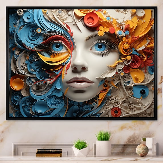 Designart "Surreal Collage Featuring A Woman In Blue And Red" Surrealism Floater Framed Canvas Prints