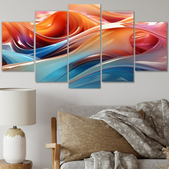 Designart "Surreal Fractal in Orange and Blue I" Abstract Metal Art Print Set