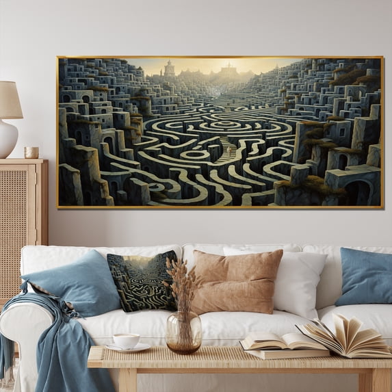 Designart "Surreal Maze Landscape Exploration IV" Extra Large Landscapes Framed Wall Art - Traditional Brown Surrealism Landscape Entryway Framed Wall Art