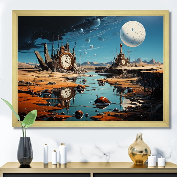 Designart "Surreal Persistence Dali's Art II" Landscapes Framed Wall Art Decor - Traditional Blue Surrealism Landscape Living Room Framed Canvas Art