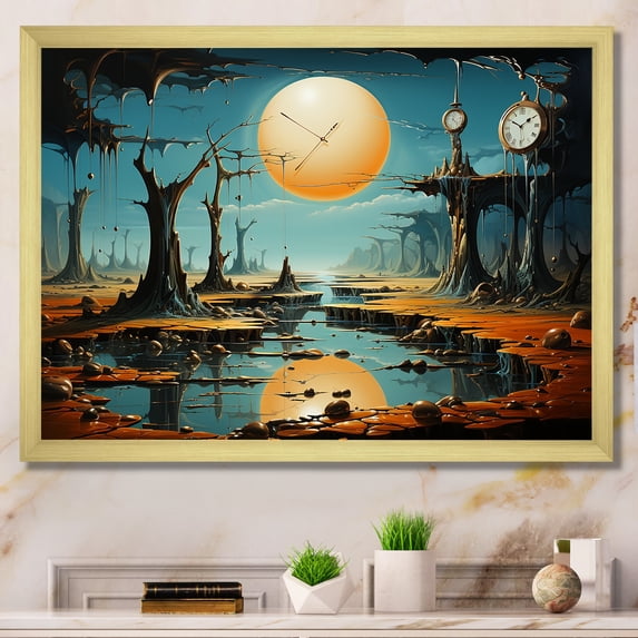 Designart "Surreal Persistence Dali's Art III" Landscapes Framed Wall Art Decor - Traditional Blue Surrealism Landscape Hallway Framed Wall Art Decor