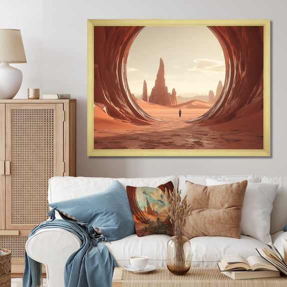 Designart "Surreal Portal Gateway to the Unknown II" Landscapes Framed Wall Art Decor - Traditional Brown Surrealism Landscape Hallway Framed Wall Art Decor