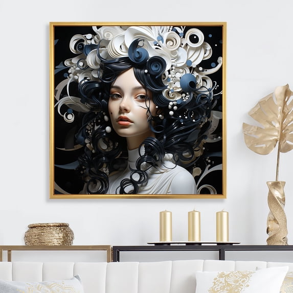 Designart "Surreal Portrait of Woman in Black and White III" Fashion Framed Wall Art - Glam Black Woman Entryway Framed Wall Art Print