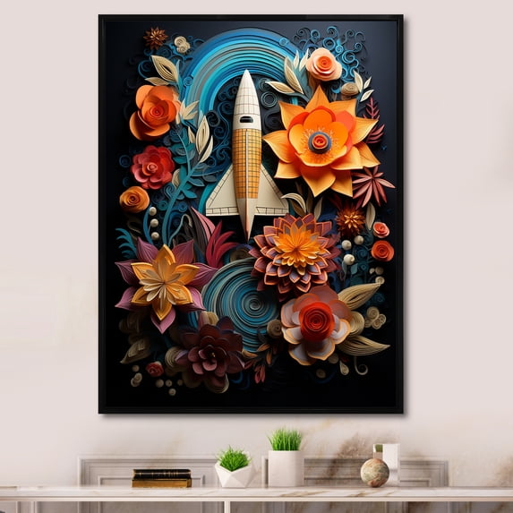 Designart "Surreal Space Liftoff" Rocketship Floater Framed Canvas Wall Art