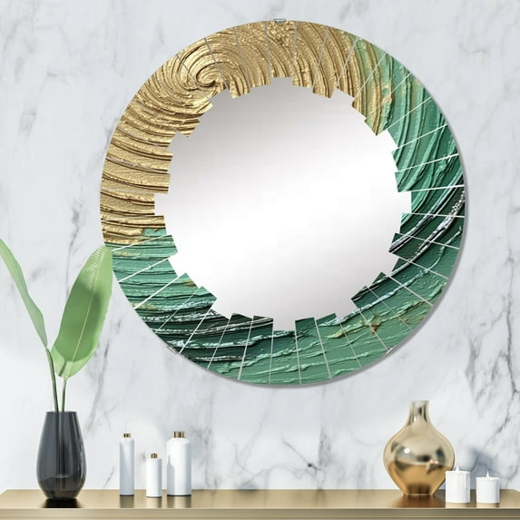 Designart "Surreal Spirals Gold Green Elegance" Abstract Spirals Round Wall Mirror - Modern Oval Printed Decorative Oversized Mirror - Multiple Color Options