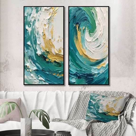Designart "Surreal Spirals in Teal and Gold I" Abstract Spirals Framed Wall Art Set Of 2 - Teal Abstract Gallery Wall Frame Set For Home Decor