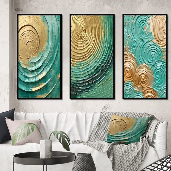 Designart "Surreal Spirals in Teal and Gold III" Abstract Spirals Framed Wall Art Set Of 3 - Teal Spirals Frame Gallery Wall Set For Home Decor