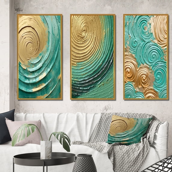 Designart "Surreal Spirals in Teal and Gold III" Abstract Spirals Framed Wall Art Set Of 3 - Teal Spirals Frame Gallery Wall Set For Home Decor