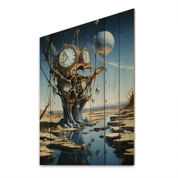 Designart "Surreal Time A Masterpiece of Persistence IV" Abstract Print on Natural Pine Wood