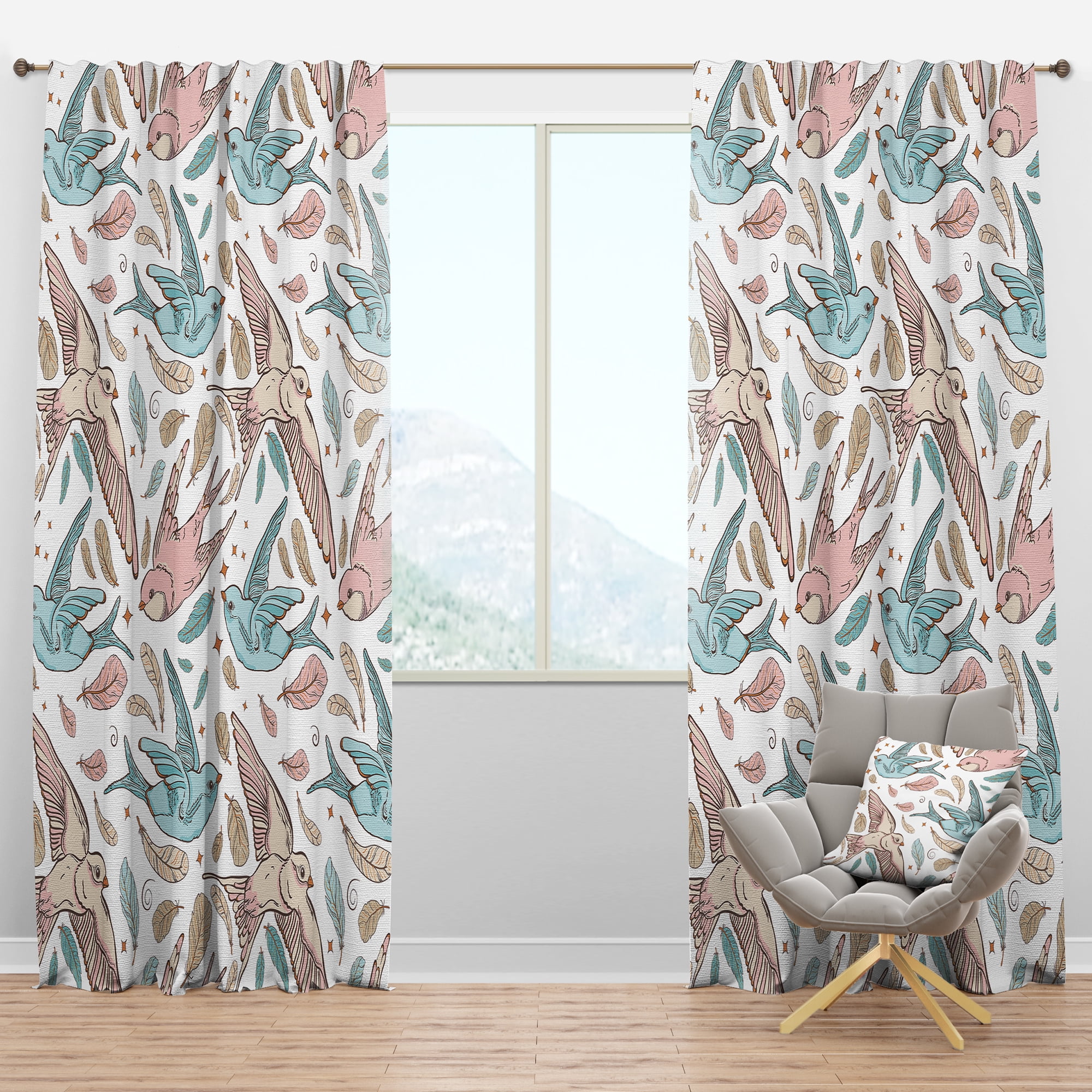 Designart 'Swallow Birds and Flowers With Pattern' Traditional Blackout Curtain Panel