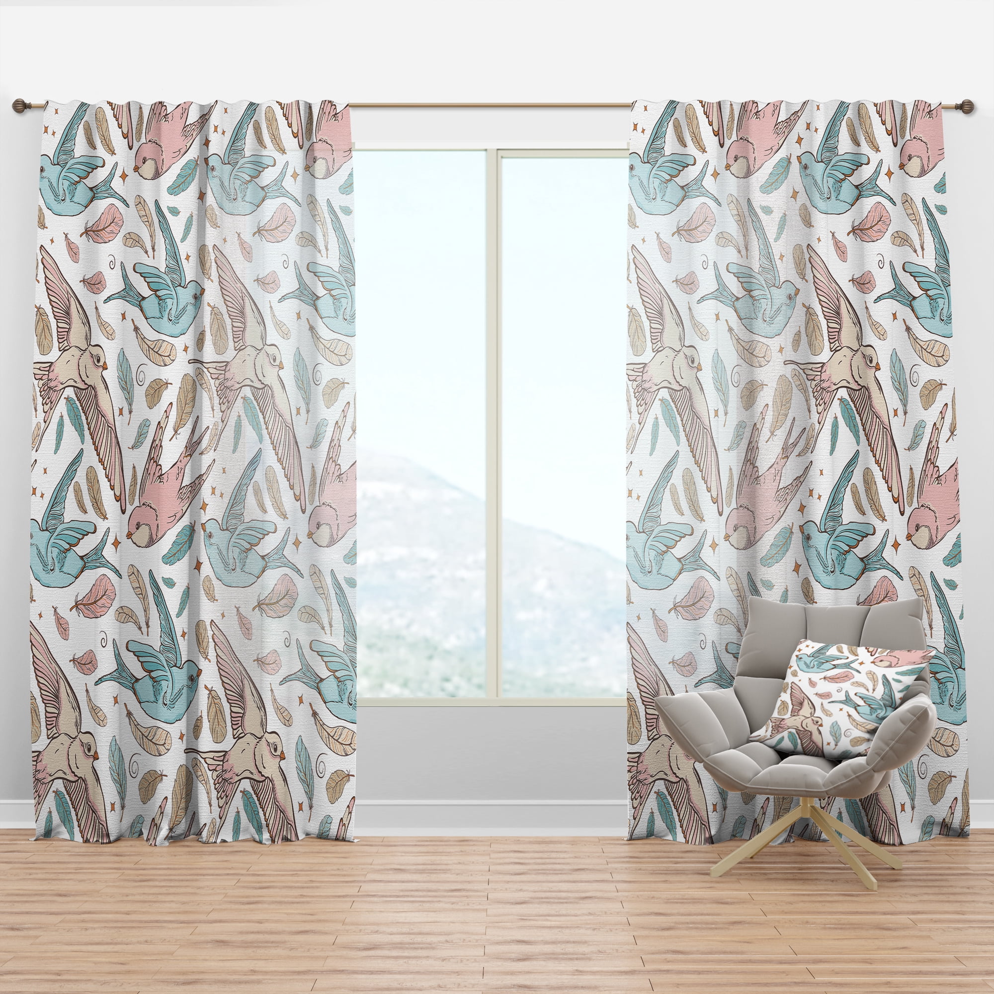 Designart 'Swallow Birds and Flowers With Pattern' Traditional Curtain Panel