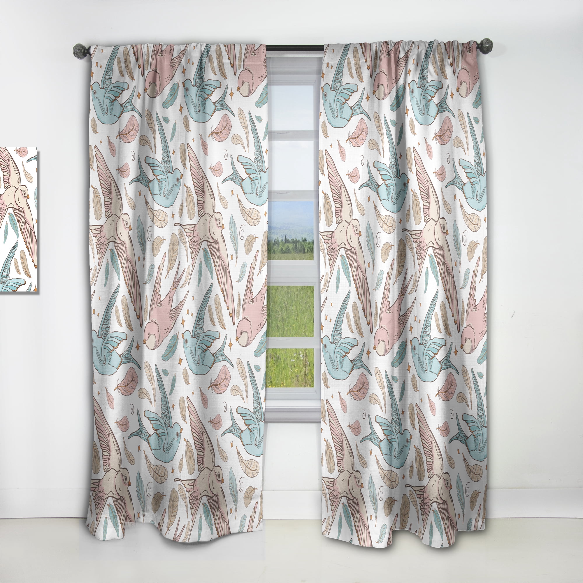 Designart 'Swallow Birds and Flowers With Pattern' Traditional Curtain Panel
