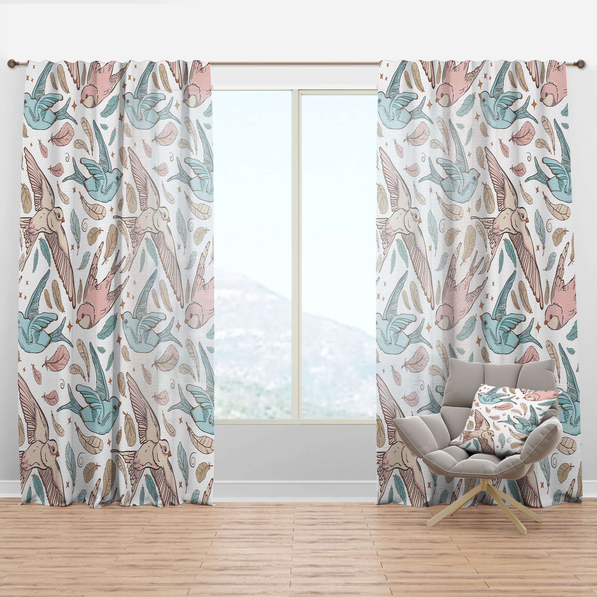 Designart 'Swallow Birds and Flowers With Pattern' Traditional White Sheer Curtain Panel