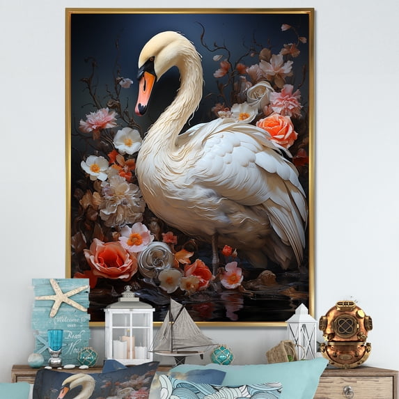 Designart "Swan Serenade in Pink and White Blooms I" Animals Framed Wall Art - Traditional White Swans Hallway Framed Wall Art Decor
