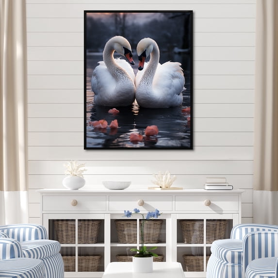 Designart "Swans In Romantic Embrace II" Animals Swans Floater Framed Wall Art Living Room