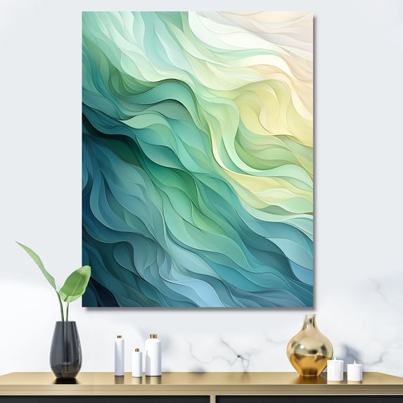 Designart "Sway Wave Serenity in Green and White I" Geometric Canvas Wall Art - Modern White Abstract Geometric Bedroom Canvas Wall Art