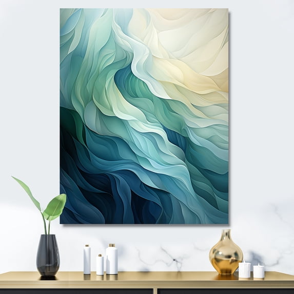Designart "Sway Wave Serenity in Green and White IV" Geometric Canvas Wall Art - Modern White Abstract Geometric Hallway Wall Art Decor