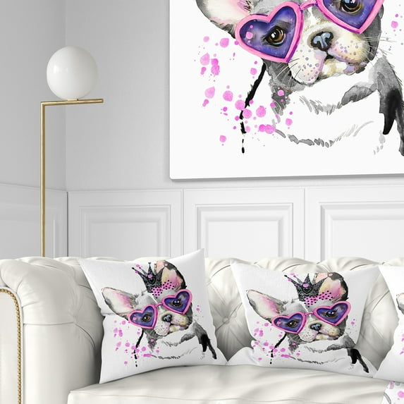 Designart Sweet Funny Dog with Glasses - Animal Throw Pillow - 16x16