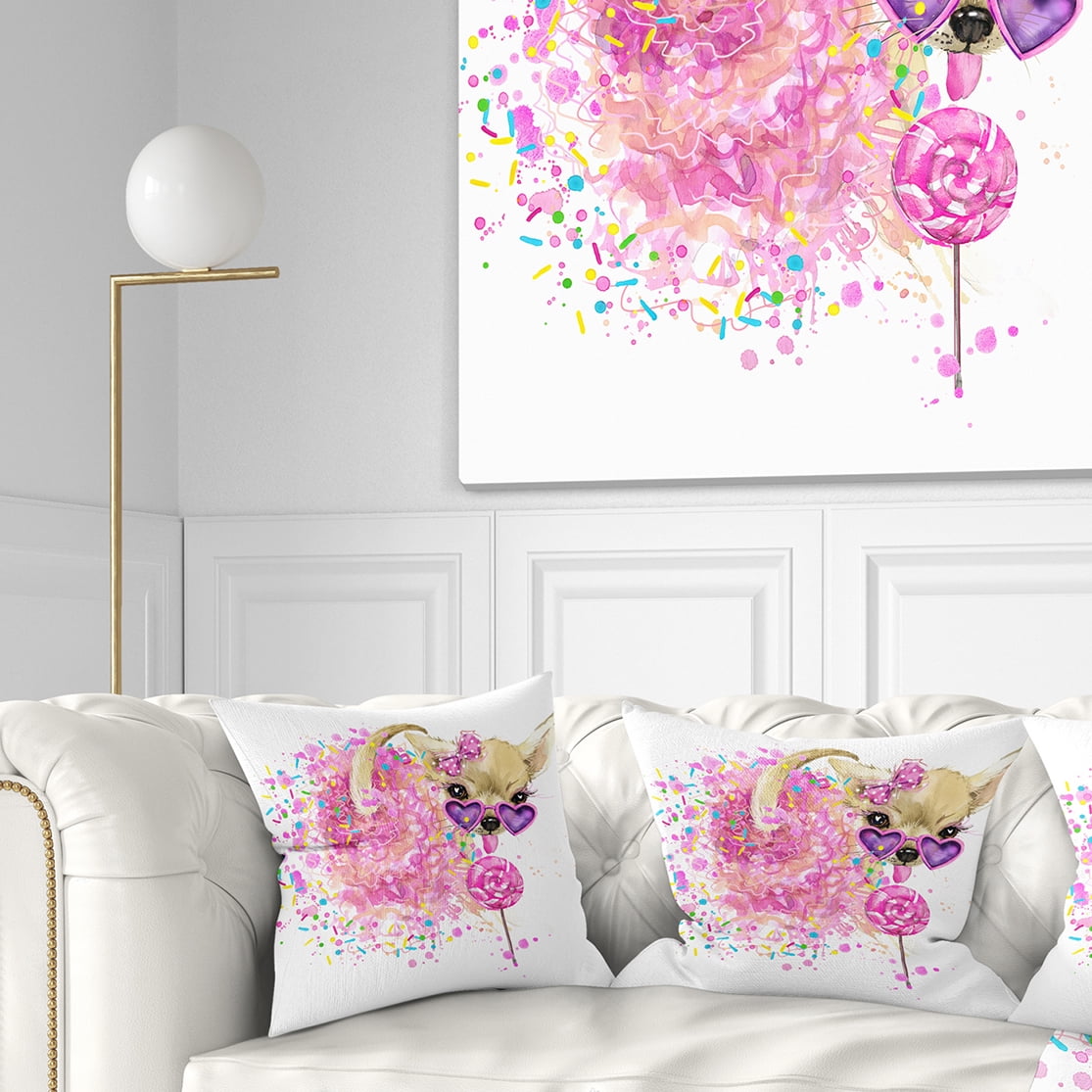 Designart Sweet Pink Dog with Glasses - Animal Throw Pillow - 16x16