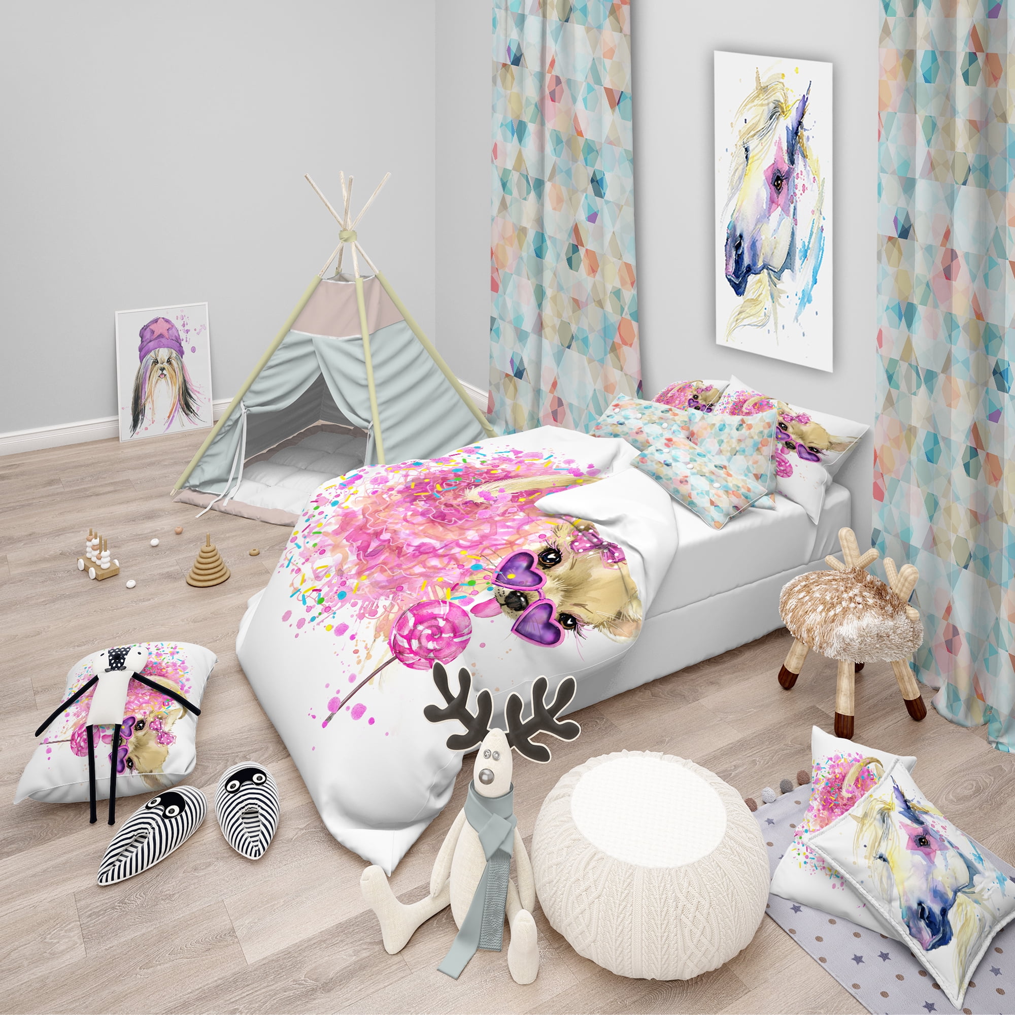Designart 'Sweet Pink Dog with Glasses' Modern & Contemporary Duvet Cover Set