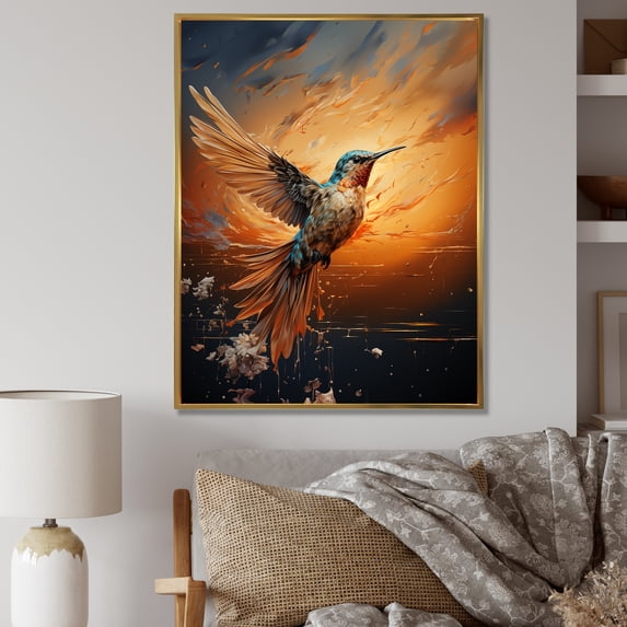 Designart "Swift Sunbeam Hummingbird" Animals Framed Wall Art - Traditional Yellow Hummingbird Entryway Framed Wall Art Print