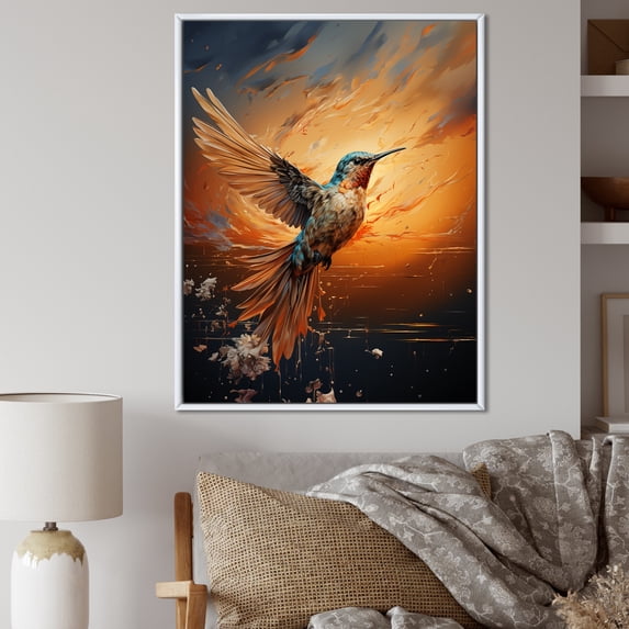 Designart "Swift Sunbeam Hummingbird" Animals Framed Wall Art - Traditional Yellow Hummingbird Entryway Framed Wall Art Print