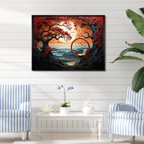 Designart "Swing Papercut Japon Seaside wall decor III" Coastal Ocean Floater Framed Canvas Print