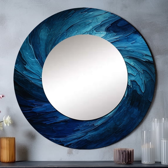 Designart "Swirling Blue Wave Spiral I" Abstract Spirals Rund Mirror For Wall Decor - Large Blue Round Printed Mirror -Modern Round Living Room Mirror - 36" x 36"