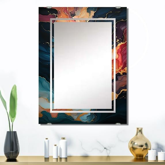 Designart "Swirling Fluid Painting in Pink and Blue IV" Abstract Painting Oversized Wall Mirror - Modern Abstract Bathroom Wall Mirror Decor - Multiple Color Options