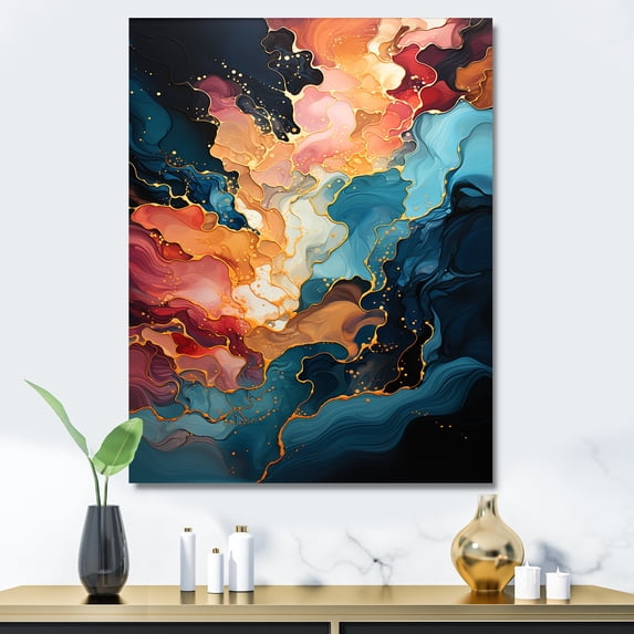 Designart "Swirling Fluid Painting in Pink and Blue III" Abstract Canvas Wall Art - Modern Pink Abstract Painting Living Room Canvas Art