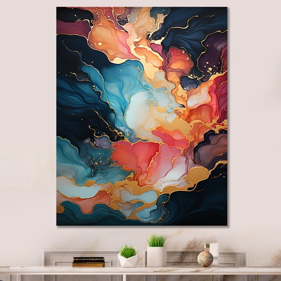 Designart "Swirling Fluid Painting in Pink and Blue IV" Abstract Canvas Wall Art - Modern Pink Abstract Painting Bedroom Canvas Wall Art