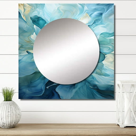 Designart "Swirling Serenity in Aqua Blue and White IV" abstract spirals Square Mirror For Wall Decor - Large Blue Square Mirror Printed Wall Decor - Modern Square Living Room Mirror