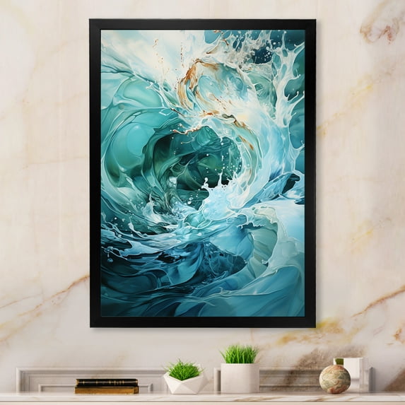 Designart "Swirling Serenity In Aqua Blue And White" Abstract Spirals Picture Framed Wall Art Living Room