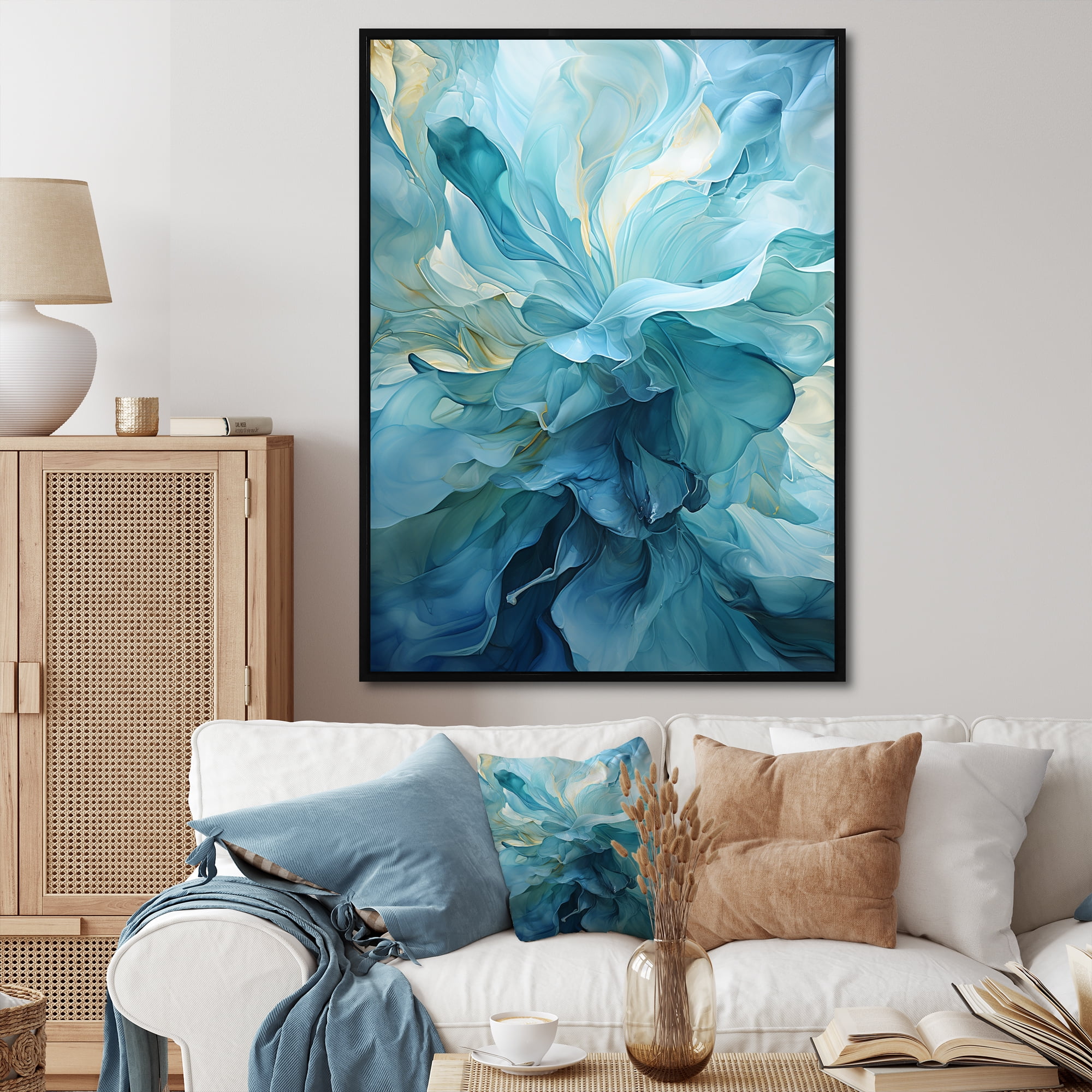 Aqua Blue and White Abstract Canvas Print with Gold Frame