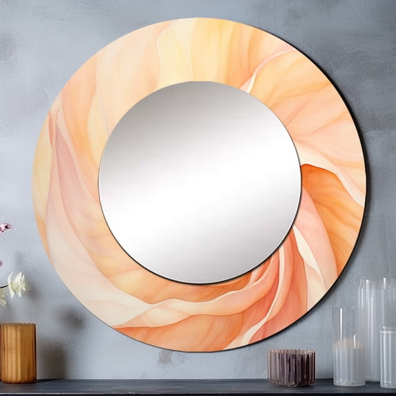 Designart "Swirling Sunkissed Peach Spiral" Abstract Spirals Peach Large Round Mirror - Round Office Mirror Wall Decor - Modern Round Printed Mirror - 29" x 29"