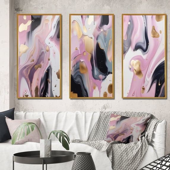 Designart "Swirls in Gold and Pink Ink V" Abstract Marble Framed Wall Art Set Of 3 - Gold Marble Frame Gallery Set For Office Decor