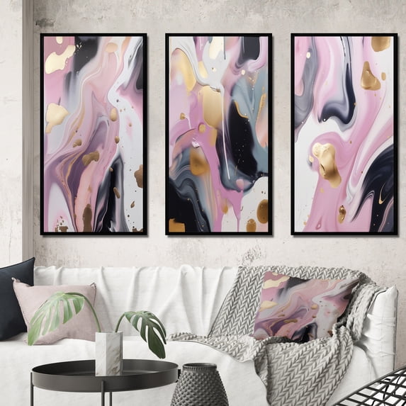 Designart "Swirls in Gold and Pink Ink V" Abstract Marble Framed Wall Art Set Of 3 - Gold Marble Frame Gallery Set For Office Decor