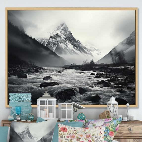 Designart "Swiss Mountains Landscape Veiled in Fog II" Landscapes Framed Wall Art - Country White Mountains Entryway Framed Wall Art Print