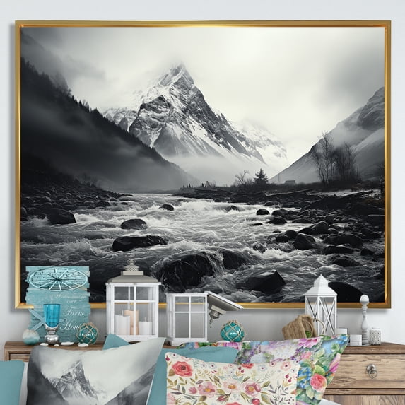 Designart "Swiss Mountains Landscape Veiled in Fog II" Landscapes Framed Wall Art - Country White Mountains Entryway Framed Wall Art Print