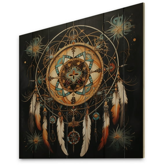 Designart "Symbolic Journey Dream Catcher painting I" Landscapes Print on Natural Pine Wood
