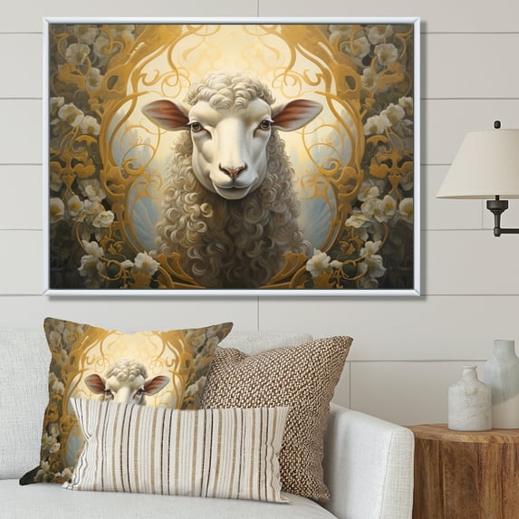 Designart "Symbolist Interpretation of Beige Sheep" Animals Floater Framed Canvas Wall Art