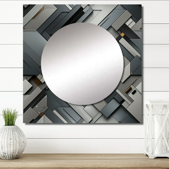 Designart "Symmetric Grey Concrete Geometry I" 0 Square Mirror For Wall Decor - Large Grey Square Mirror Printed Wall Decor - Modern Square Living Room Mirror
