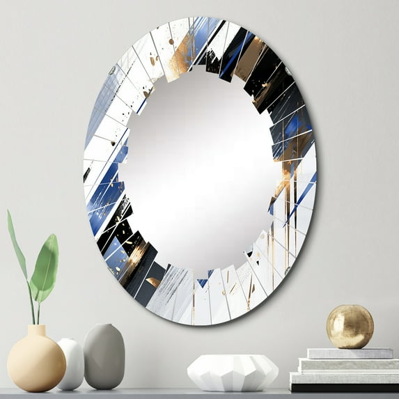 Designart "Symmetrical Abstract Blue Gold Fusion" Cubism Round Wall Mirror - Modern Oval Printed Decorative Oversized Mirror - Multiple Color Options