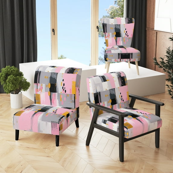 Designart "Symmetrical Abstract Grey Pink Harmony" Grey Cubism Upholstered Accent Chair - Modern Arm Chair For Bedroom