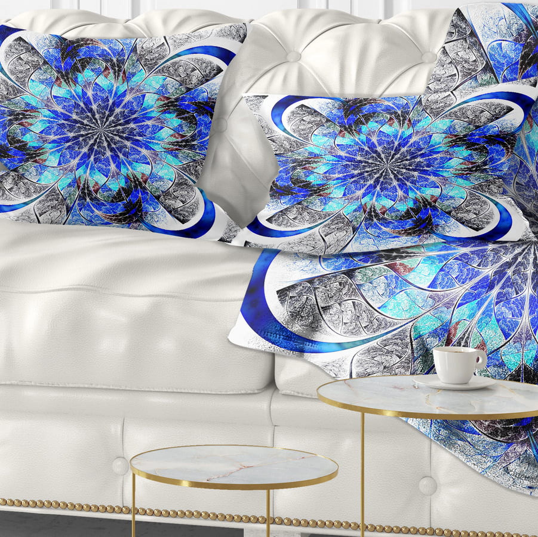 Designart Symmetrical Blue Fractal Flower - Abstract Throw Pillow - 12x20
